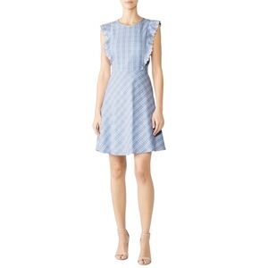 DRAPER JAMES Windowpane Plaid Linen Blend Cutout Dress in Blue/White Size 10